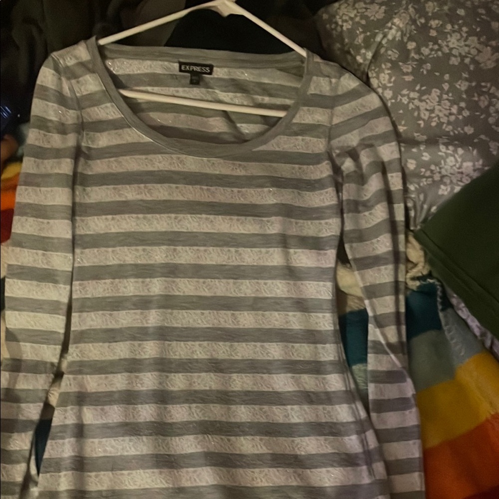 Express Gray and White Striped Long Sleeve Top